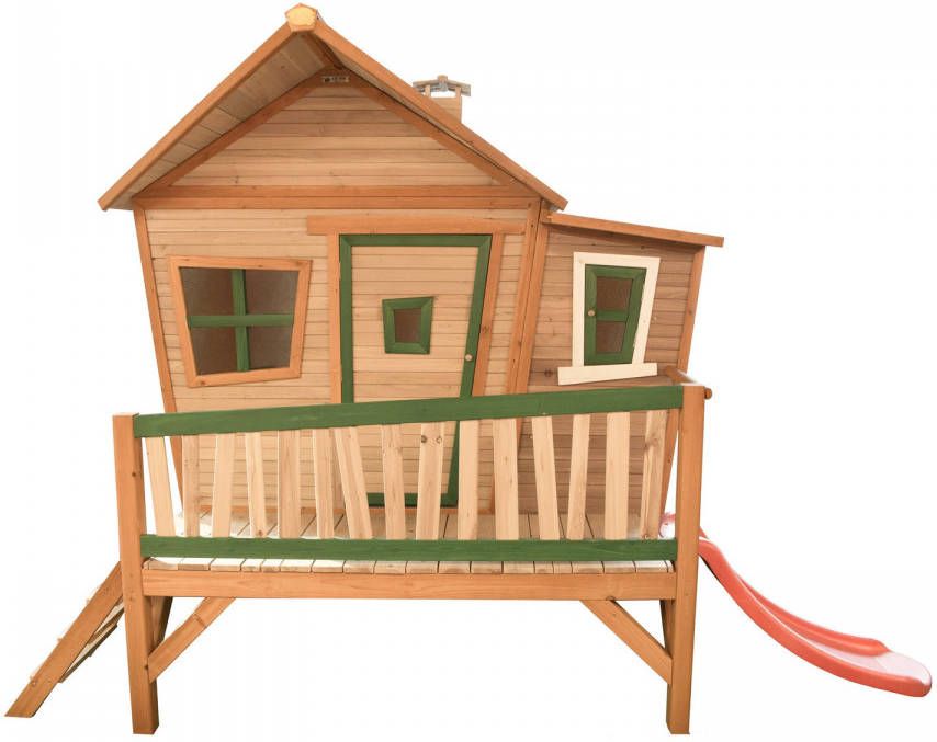 AXI Emma Speelhuis Op Palen & Rode Glijbaan Speelhuisje Voor De Tuin/Buiten In Bruin & Groen Van Fsc Hout