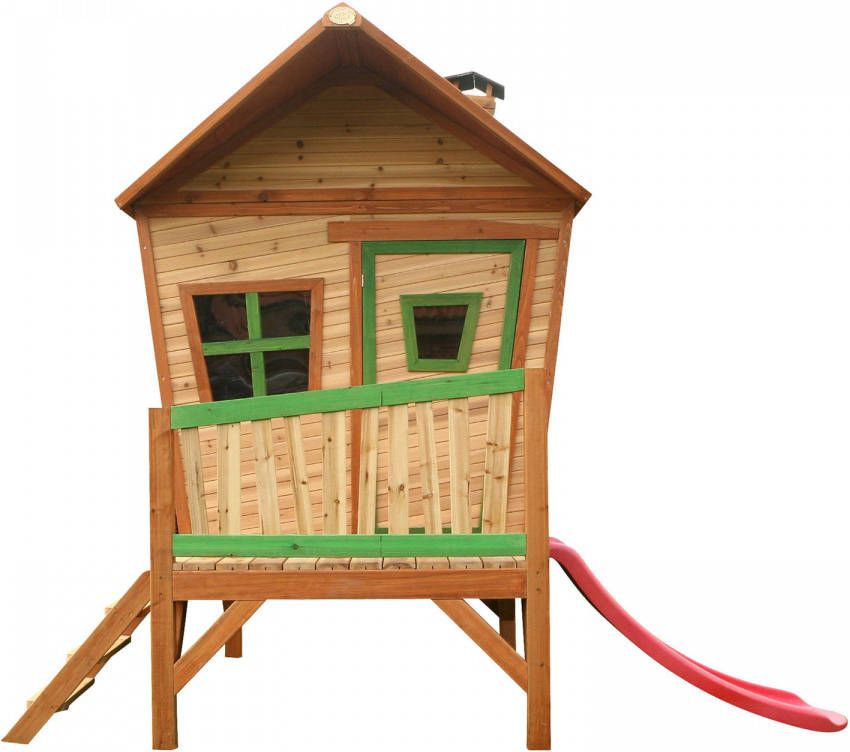 AXI Iris Speelhuis Op Palen & Rode Glijbaan Speelhuisje Voor De Tuin/Buiten In Bruin & Groen Van Fsc Hout