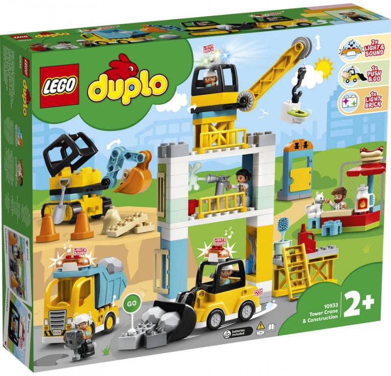 Lego 10933 DUPLO Bouw met Torenkraan, Vrachtwagen, Graafmachine en Hotdog Kraam, Speelgoed voor Peuters vanaf 2 Jaar