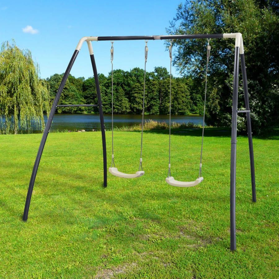 AXI Dubbele Schommel Van Metaal Vrijstaande Schommel Voor Kinderen In Bruin Met Kunststof Schommelzitjes