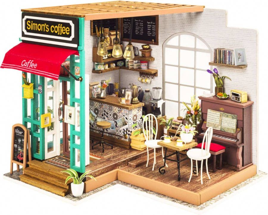 Robotime Simons Koffie Dg109 Houten Modelbouw Poppenhuis Met Led Licht Diy