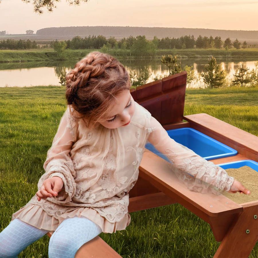 Sunny Axi Dave Picknicktafel/Zandtafel/Watertafel Voor Kinderen In Bruin Multifunctionele Picknick Tafel Van Hout Met 2