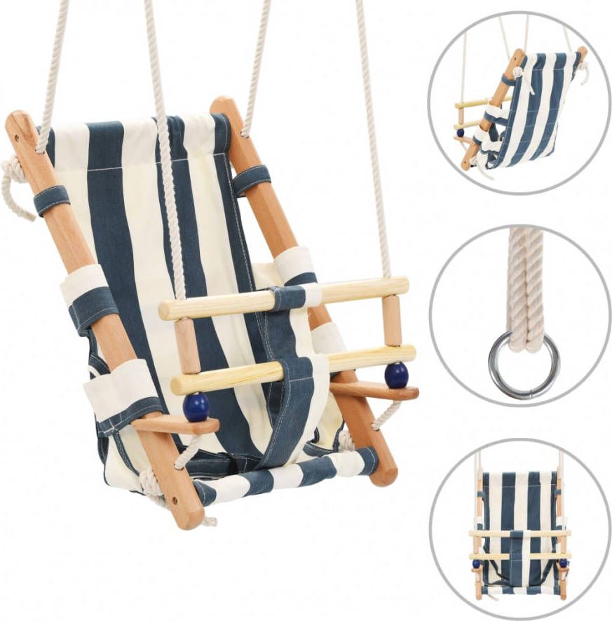 VIDAXL Babyschommel met veiligheidsgordel katoen hout blauw